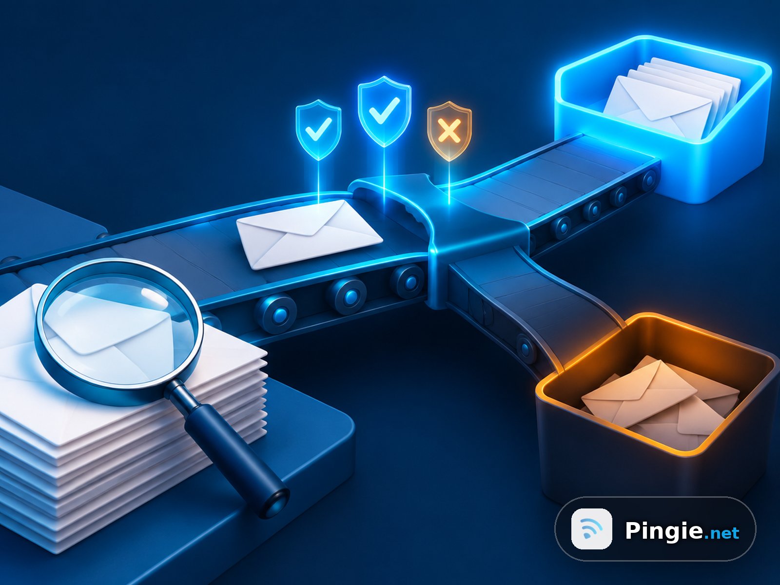 An envelope on a sorting conveyor passing through three authentication shields, choosing between the inbox and the spam folder