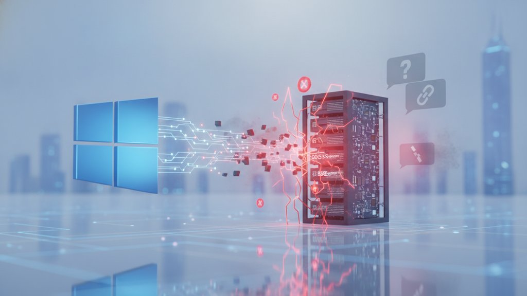 A glowing network diagram with a broken DNS server connection hovering above a Windows desktop interface.