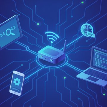 Illustration of a digital network with interconnected nodes and glowing pathways representing DNS server address lookup and internet connectivity.