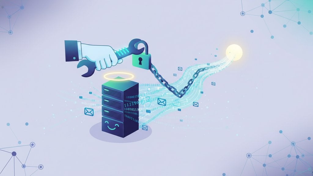 Illustration of a server being unlocked and freed from a chain, representing the removal of an IP address from an email blacklist