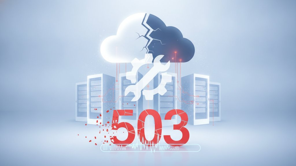 Modern illustration of a server maintenance scene with a loading spinner and warning icon, representing HTTP 503 service unavailable errors.