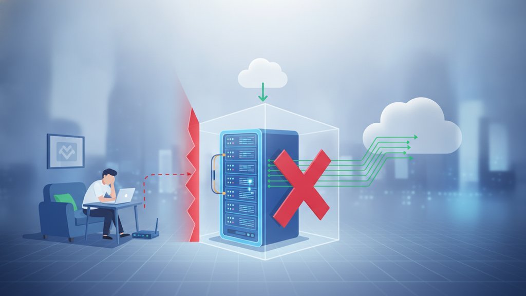 A home router and server connected by tangled network paths, illustrating why local domain access fails from home.