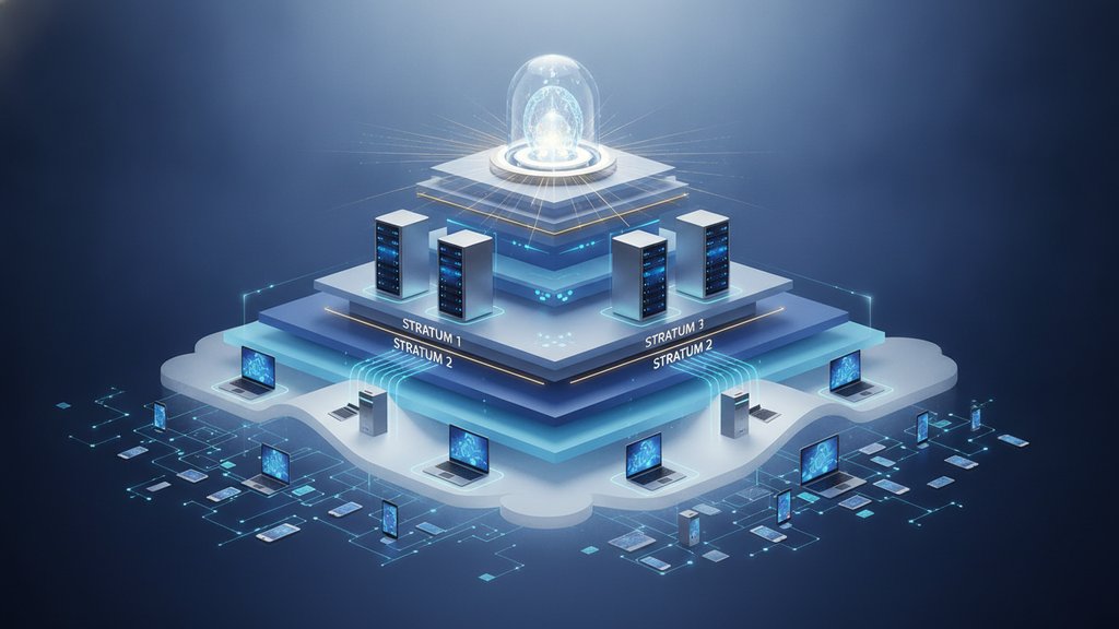 Layered network diagram showing NTP stratum levels as glowing tiers connecting atomic clocks to servers in clean blue light.