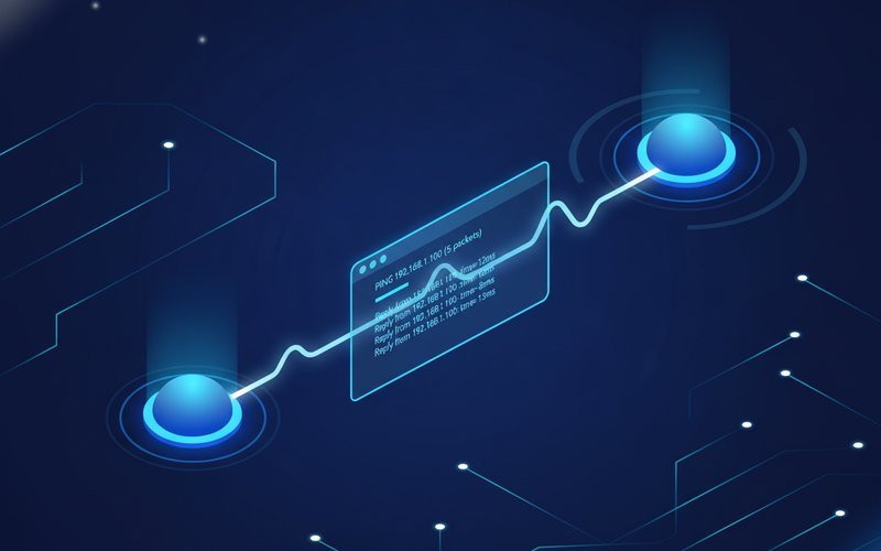 Illustration of digital ping signals traveling across a network with glowing connection points and data waves in a modern tech environment.