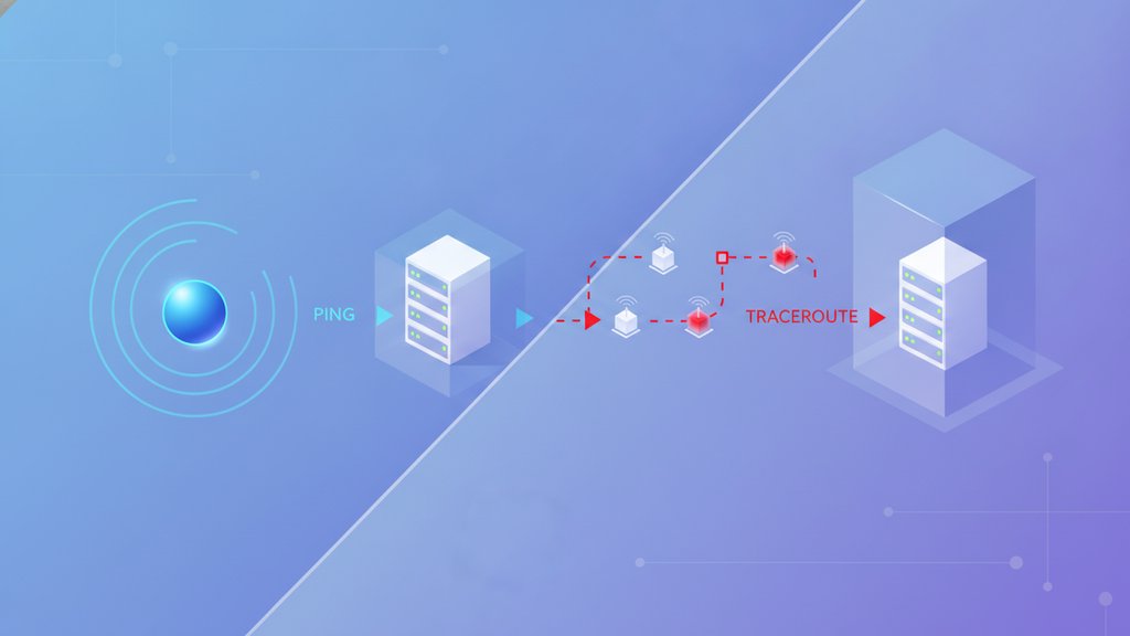 Glowing network nodes connected by layered signal paths illustrate the ping vs traceroute diagnostic tools concept.