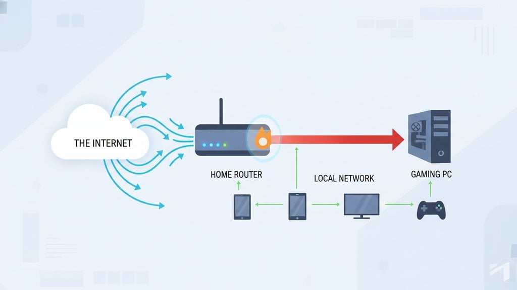 Router directing incoming internet traffic through an open port to a local network device, illustrating port forwarding