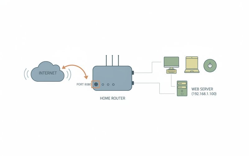 Diagram showing how port forwarding routes internet traffic through a router to a local device