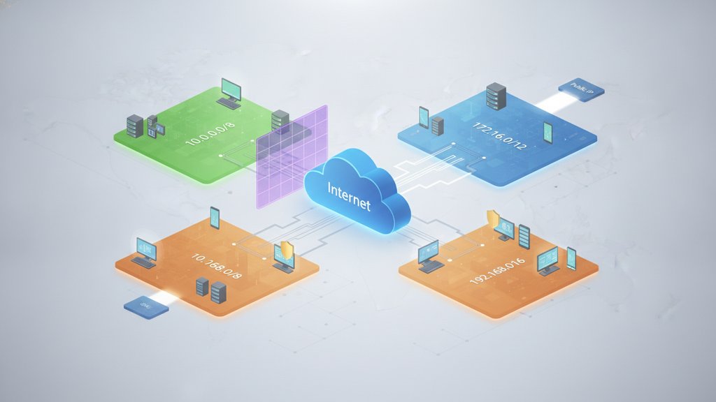 A glowing network diagram with private IP address ranges illustrated as interconnected nodes within a secure home and office environment.
