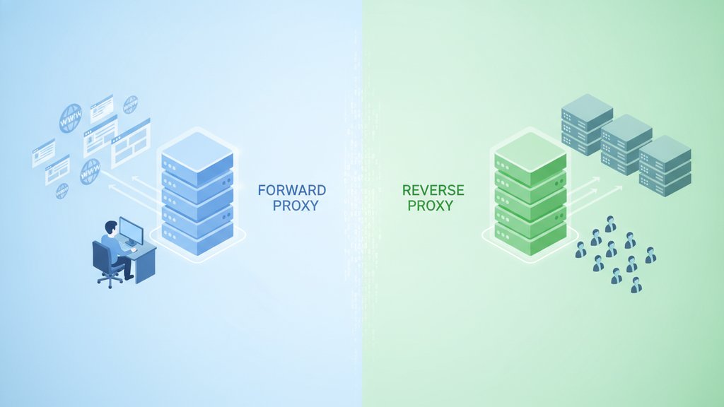 Two server nodes connected by diverging network paths, illustrating reverse proxy vs forward proxy routing in a clean digital landscape.