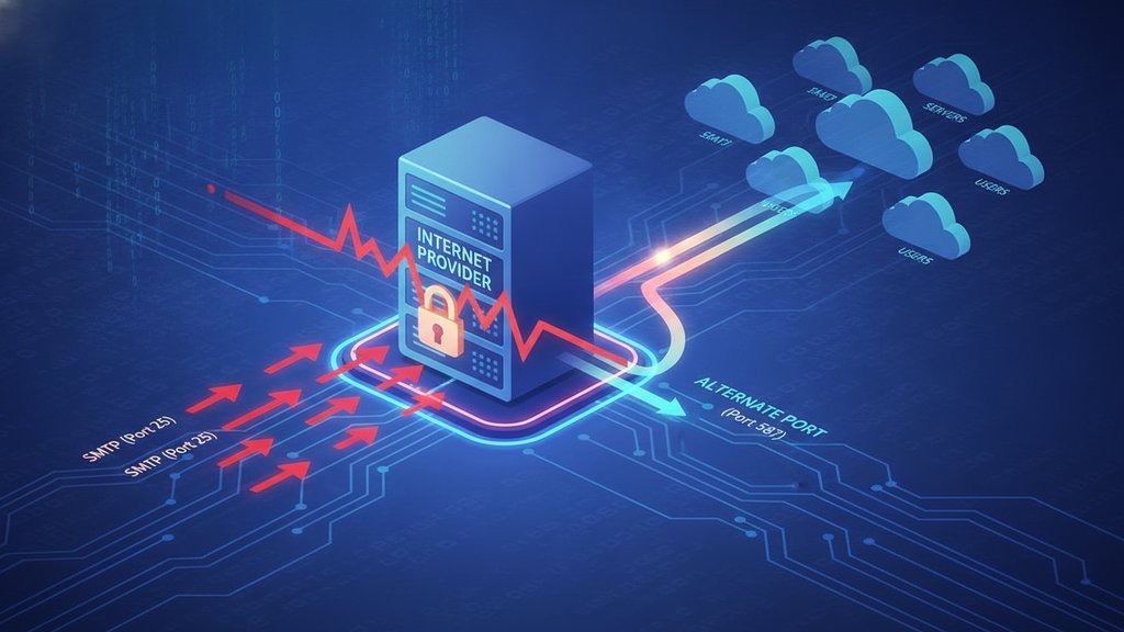 Illustration of an internet provider blocking outbound SMTP port 25, with red email traffic stopped at a secured server while authenticated traffic on alternative ports 587 and 465 continues to cloud services and users.