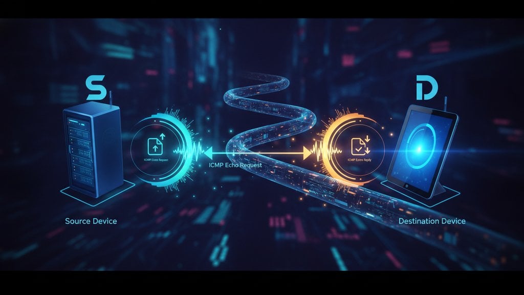 Illustration of digital ping signals traveling across a network with glowing connection points and data waves in a modern tech environment.