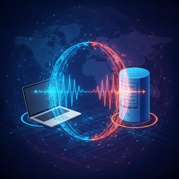 Illustration of digital ping signals traveling across a network with glowing connection points and data waves in a modern tech environment.
