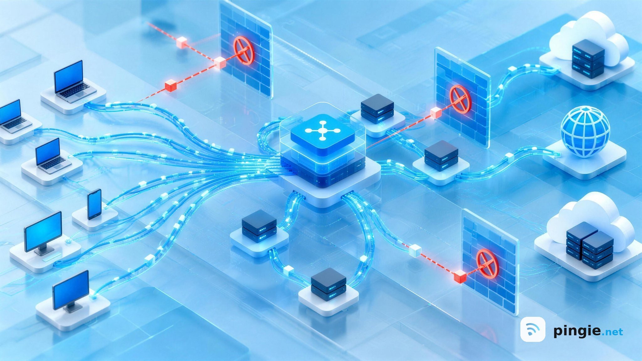Illustration of CGNAT, showing multiple devices connecting through a shared network gateway while firewalls block direct inbound connections to cloud services.