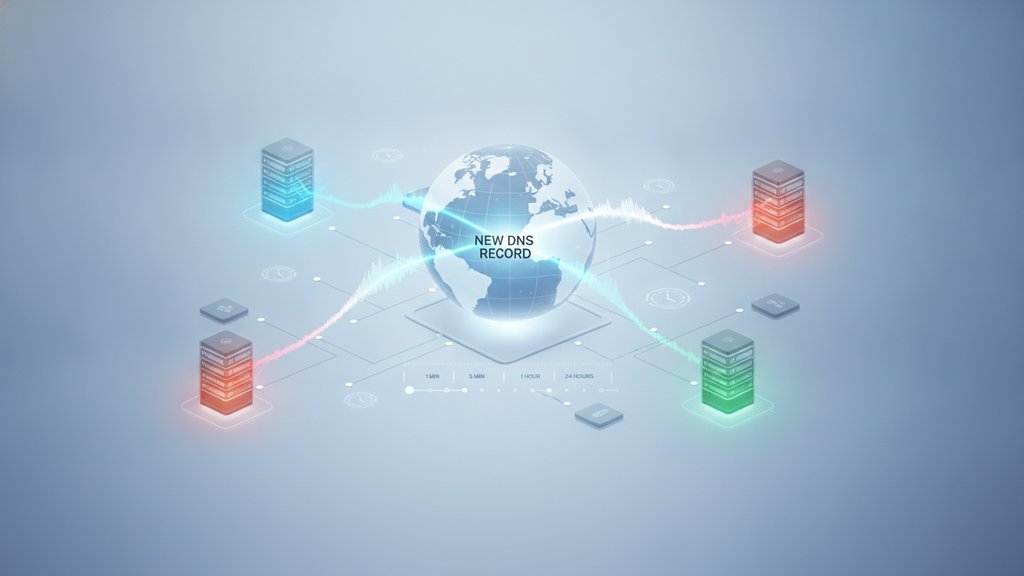 A glowing network of interconnected nodes and arrows illustrates how DNS propagation spreads updates across global servers.