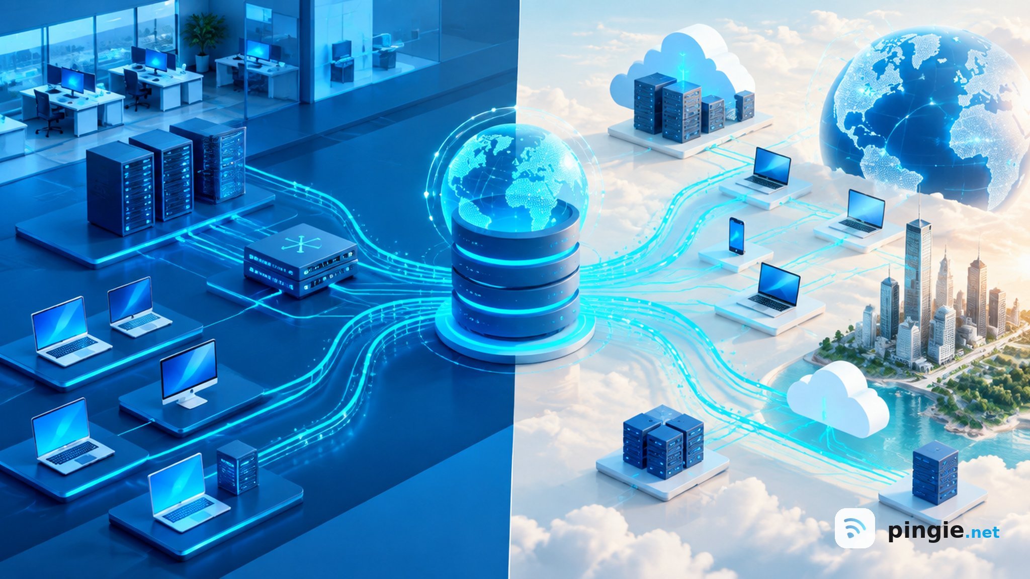 Illustration of split-horizon DNS, showing internal devices connected to private network resources while external users access separate public cloud services and internet-facing systems.