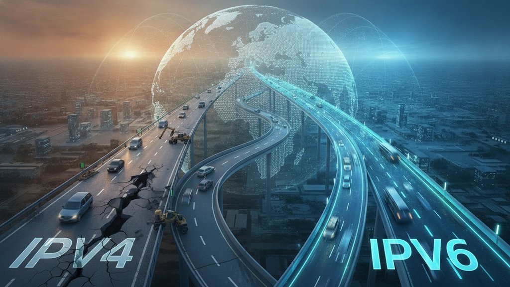 A futuristic split-road illustration comparing IPv4 and IPv6, with an older cracked roadway on the left for IPv4 and a glowing high-speed route on the right for IPv6, set against a digital globe background.