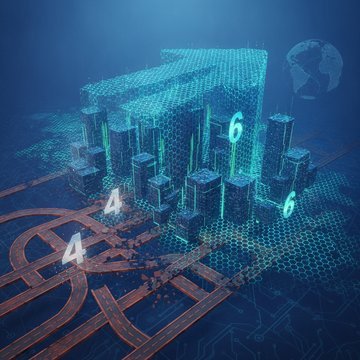 A futuristic split-road illustration comparing IPv4 and IPv6, with an older cracked roadway on the left for IPv4 and a glowing high-speed route on the right for IPv6, set against a digital globe background.