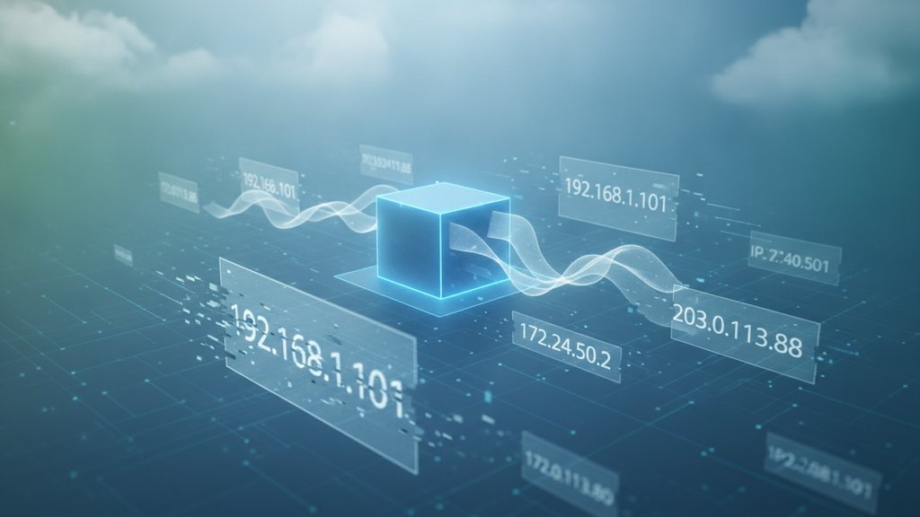 A glowing network of IP address nodes shifting and reconnecting across a clean digital landscape.